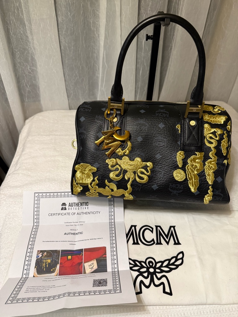 *Rare* Mcm Black Leather Speedy 30, Gold Embroidered Accents And Red/Navy Trim